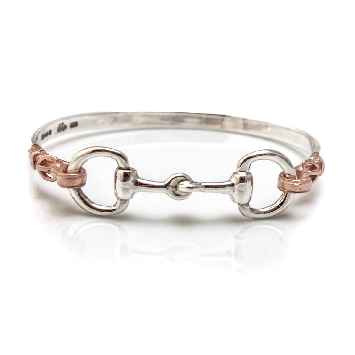 Exclusive Sterling Silver &amp; 18ct Rose Gold Plated Detailed Double Snaffle Bangle
