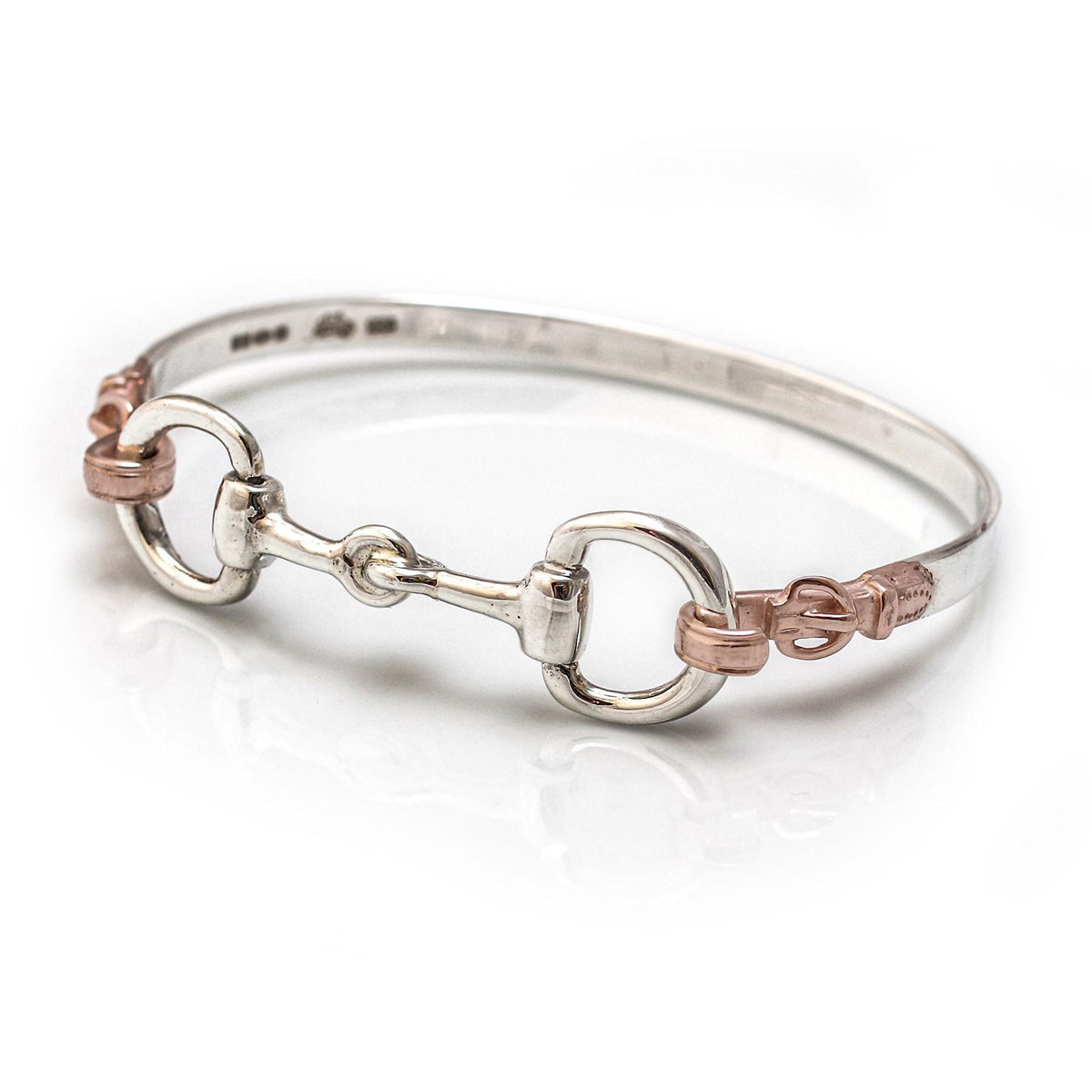 Exclusive Sterling Silver & 18ct Rose Gold Plated Detailed Double Snaffle Bangle