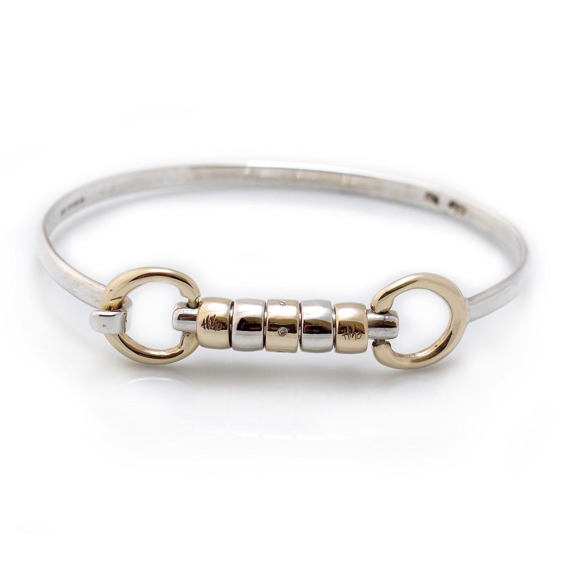 Exclusive Sterling Silver &amp;  9ct Yellow Gold  Cherry Roller Snaffle Bangle With Diamond Bead