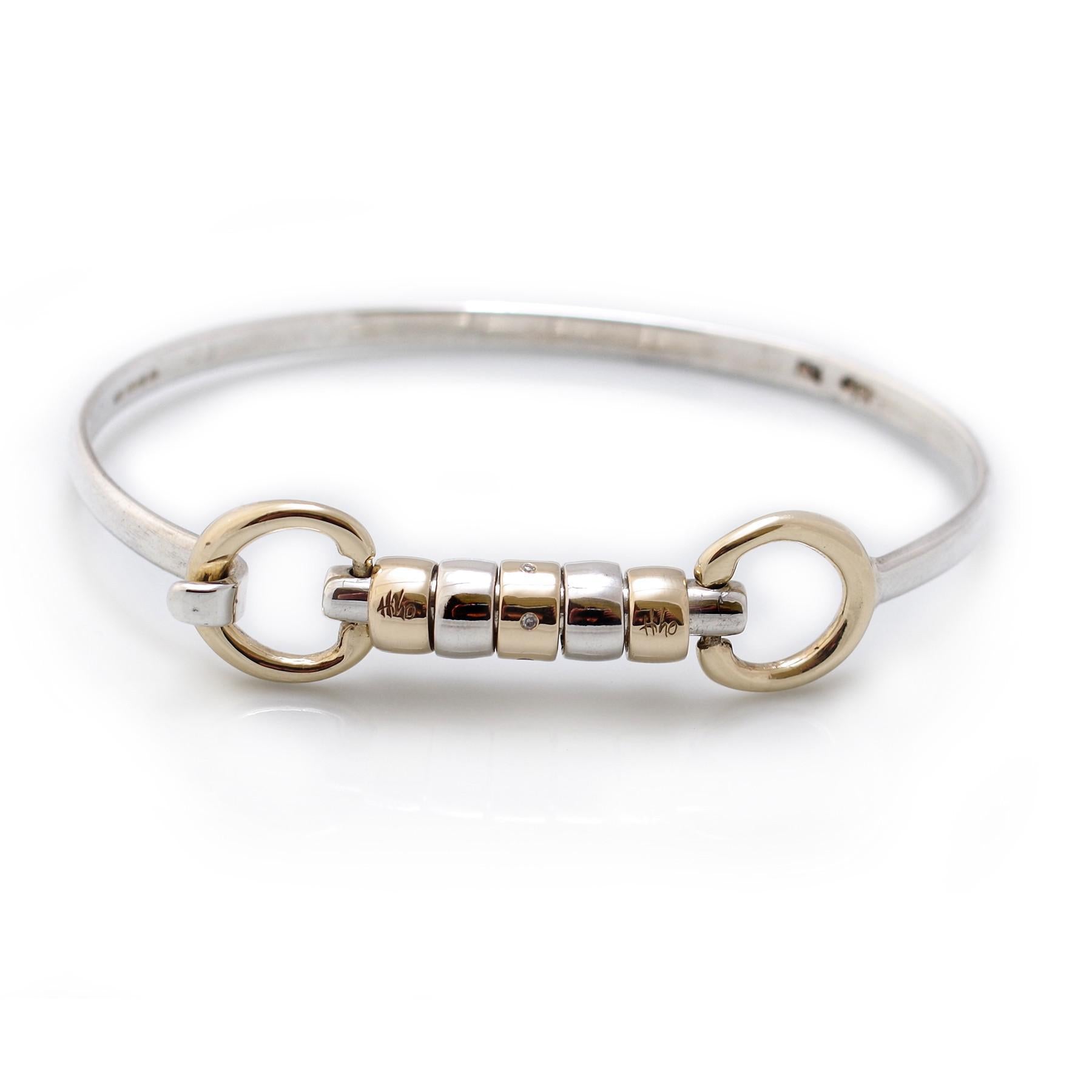 Exclusive Sterling Silver &  9ct Yellow Gold  Cherry Roller Snaffle Bangle With Diamond Bead