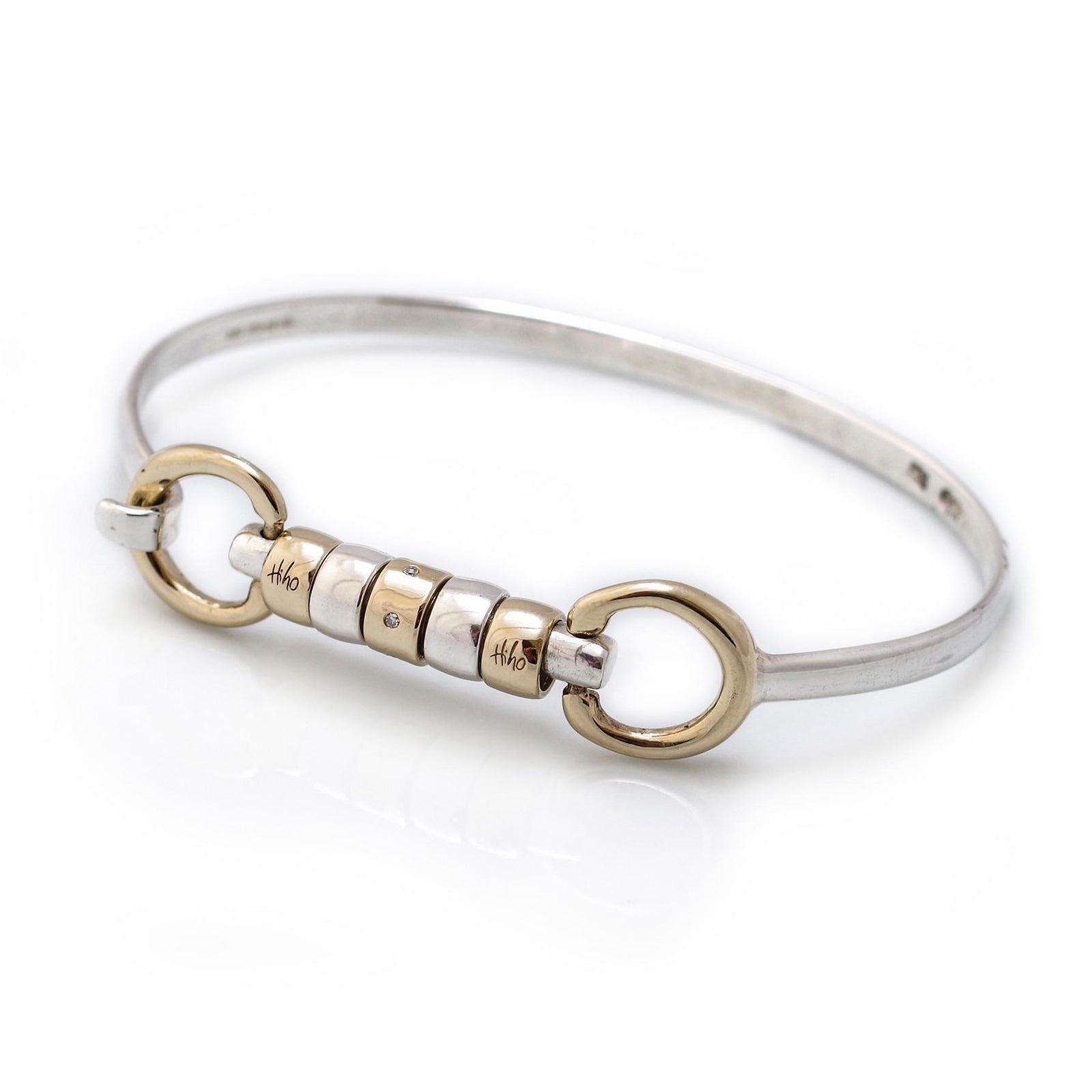 Exclusive Sterling Silver &  9ct Yellow Gold  Cherry Roller Snaffle Bangle With Diamond Bead