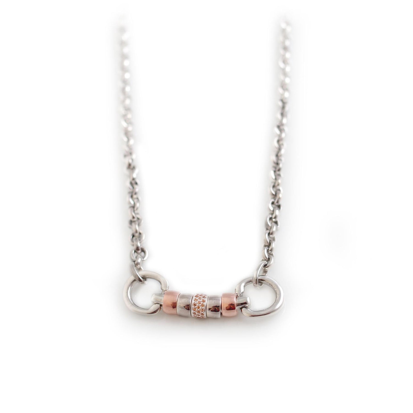 Exclusive Sterling Silver & 18ct Rose Gold Plate Classic Cherry Roller Snaffle Necklace With CZ Roller Bead