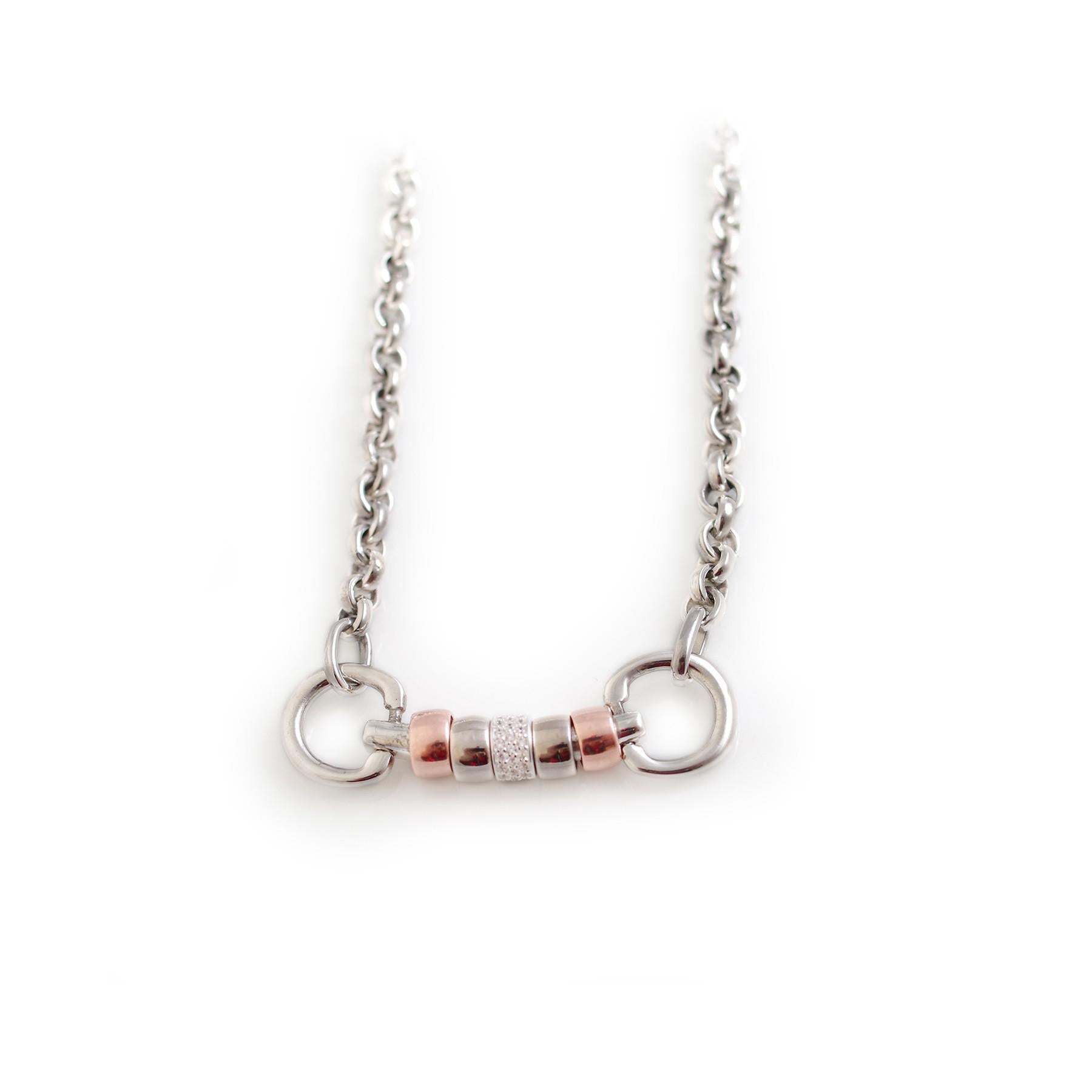 Exclusive Sterling Silver & 18ct Rose Gold Plate Classic Cherry Roller Snaffle Necklace With CZ Roller Bead