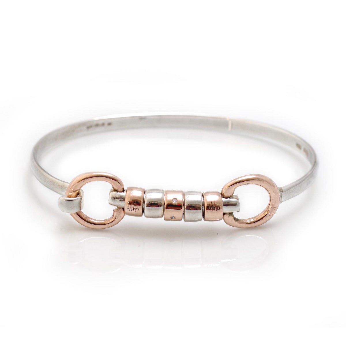 Exclusive Sterling Silver &amp; 9ct Rose Gold Cherry Roller Snaffle Bangle With Diamond Bead