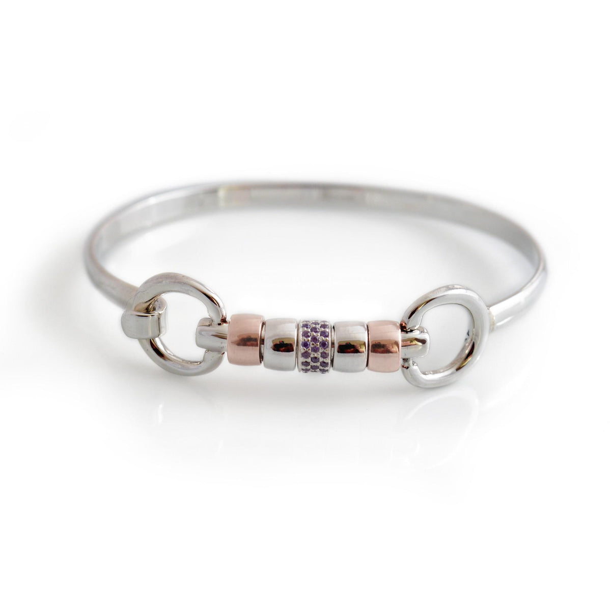 Exclusive Sterling Silver &amp; 18ct Rose Gold Vermeil Cherry Roller Snaffle Bangle With Purple CZ Starlight Roller Bead