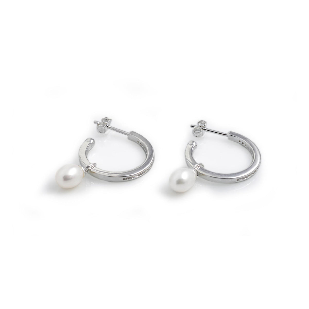 CZ &amp; Sterling Silver Freshwater Pearl Hoop Earrings