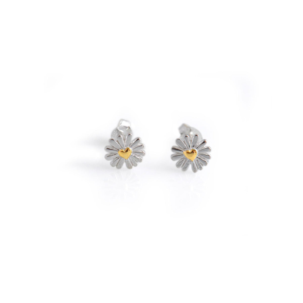Sterling Silver &amp; 18ct Gold Plated Daisy Heart Stud Earrings
