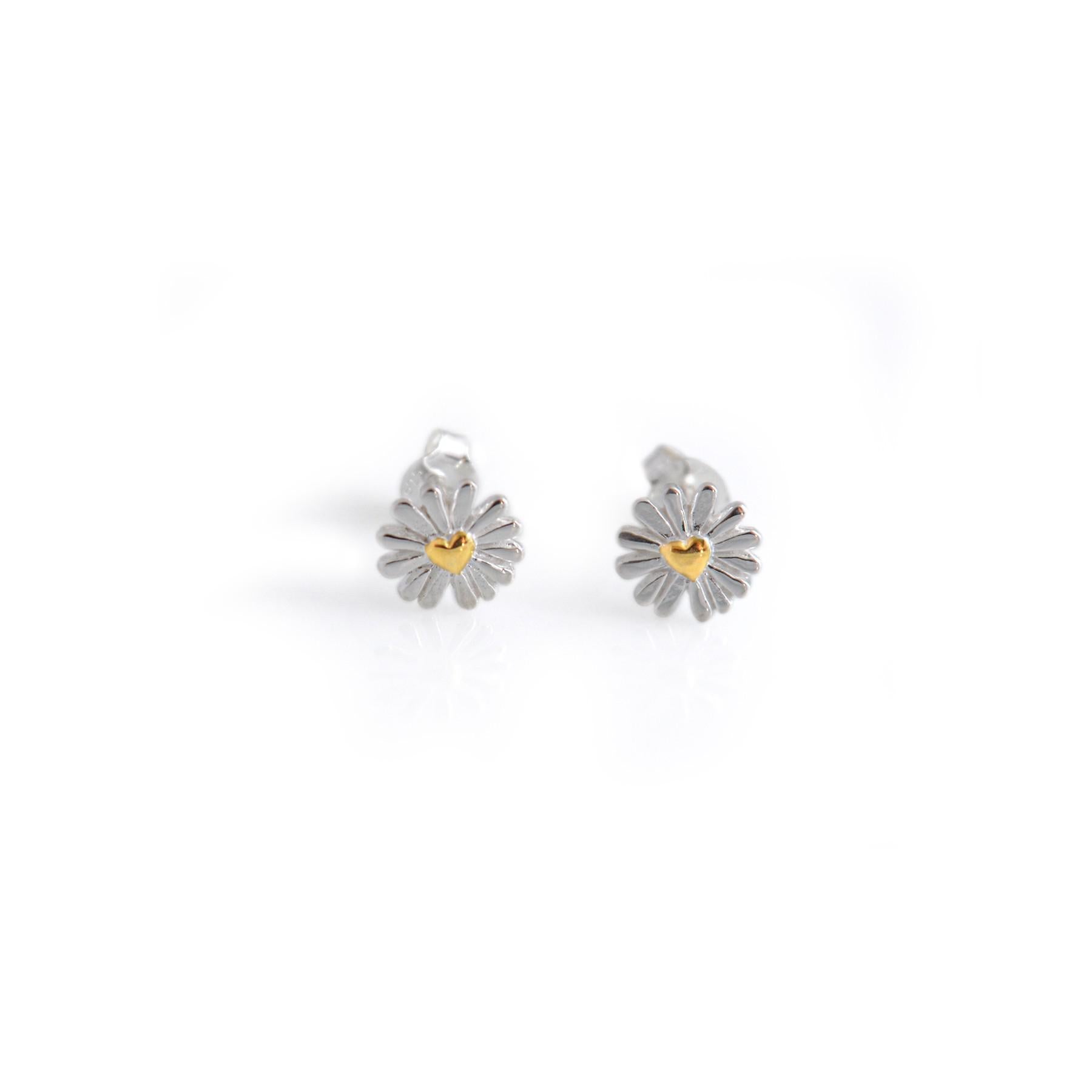 Sterling Silver & 18ct Gold Plated Daisy Heart Stud Earrings