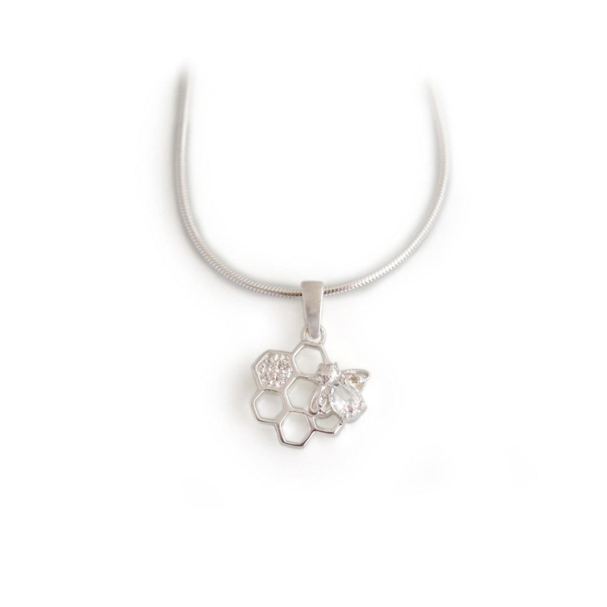 Sterling Silver &amp; CZ Honeycomb &amp; Bee Necklace