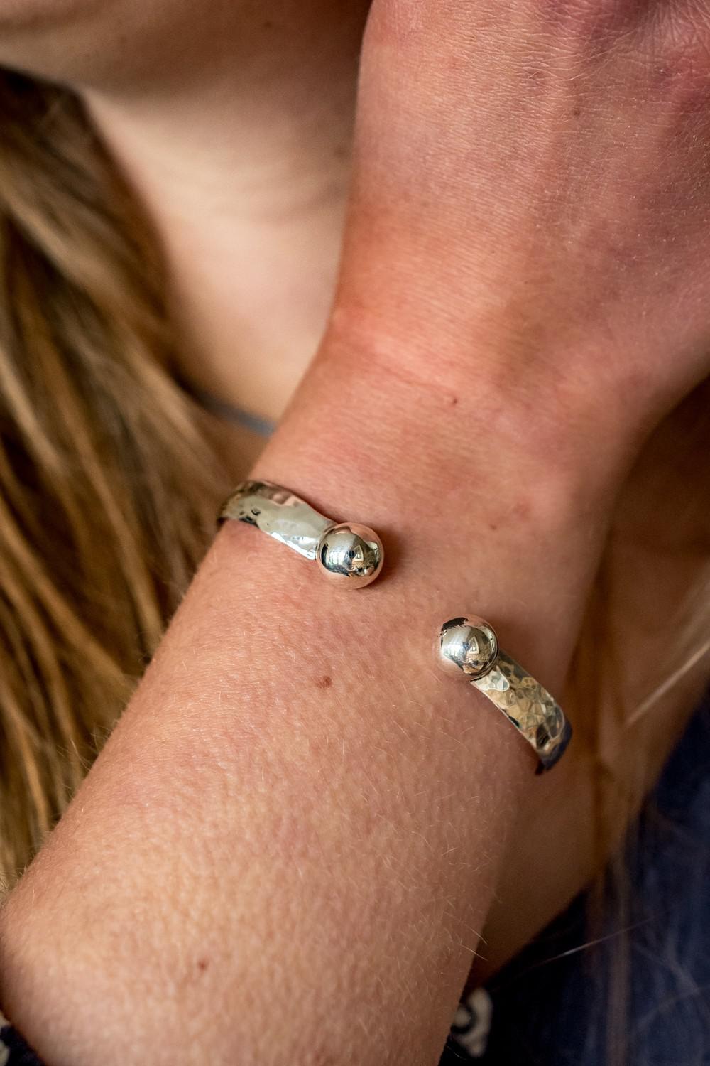 Sterling Silver Ball & Hammered Cuff Bangle