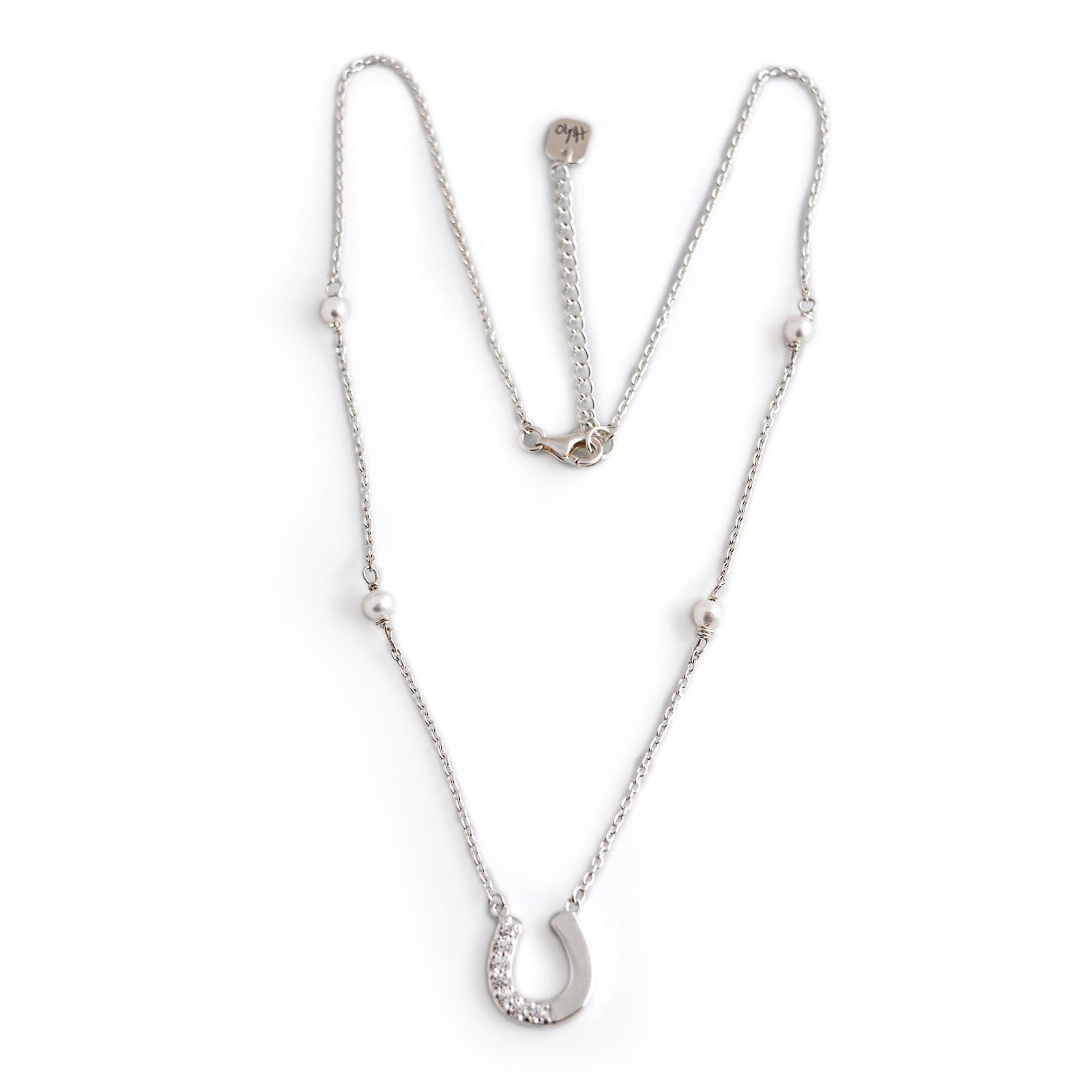 Exclusive Sterling Silver and CZ Horseshoe Necklace With Freshwater Pearls