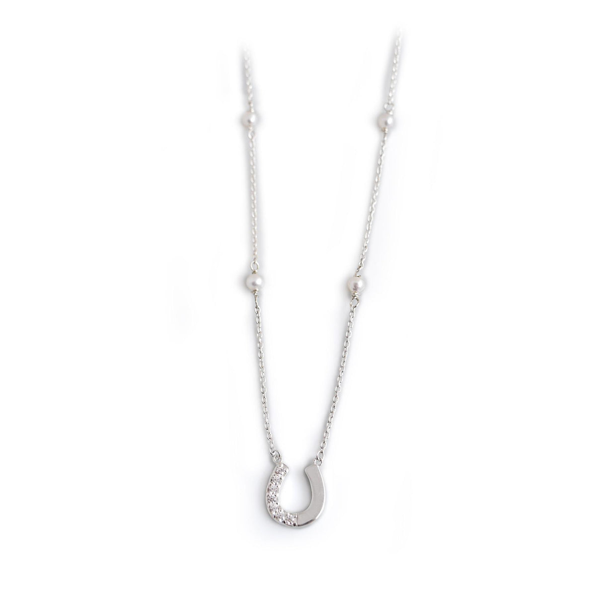 Exclusive Sterling Silver and CZ Horseshoe Necklace With Freshwater Pearls
