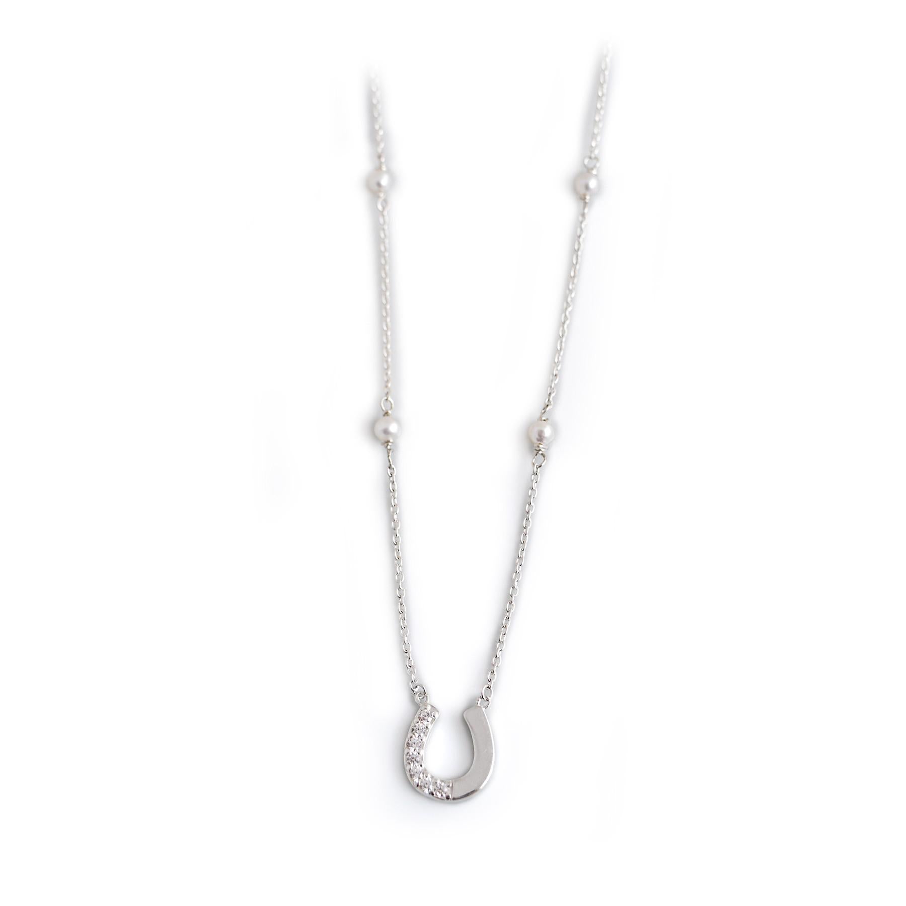 Exclusive Sterling Silver and CZ Horseshoe Necklace With Freshwater Pearls