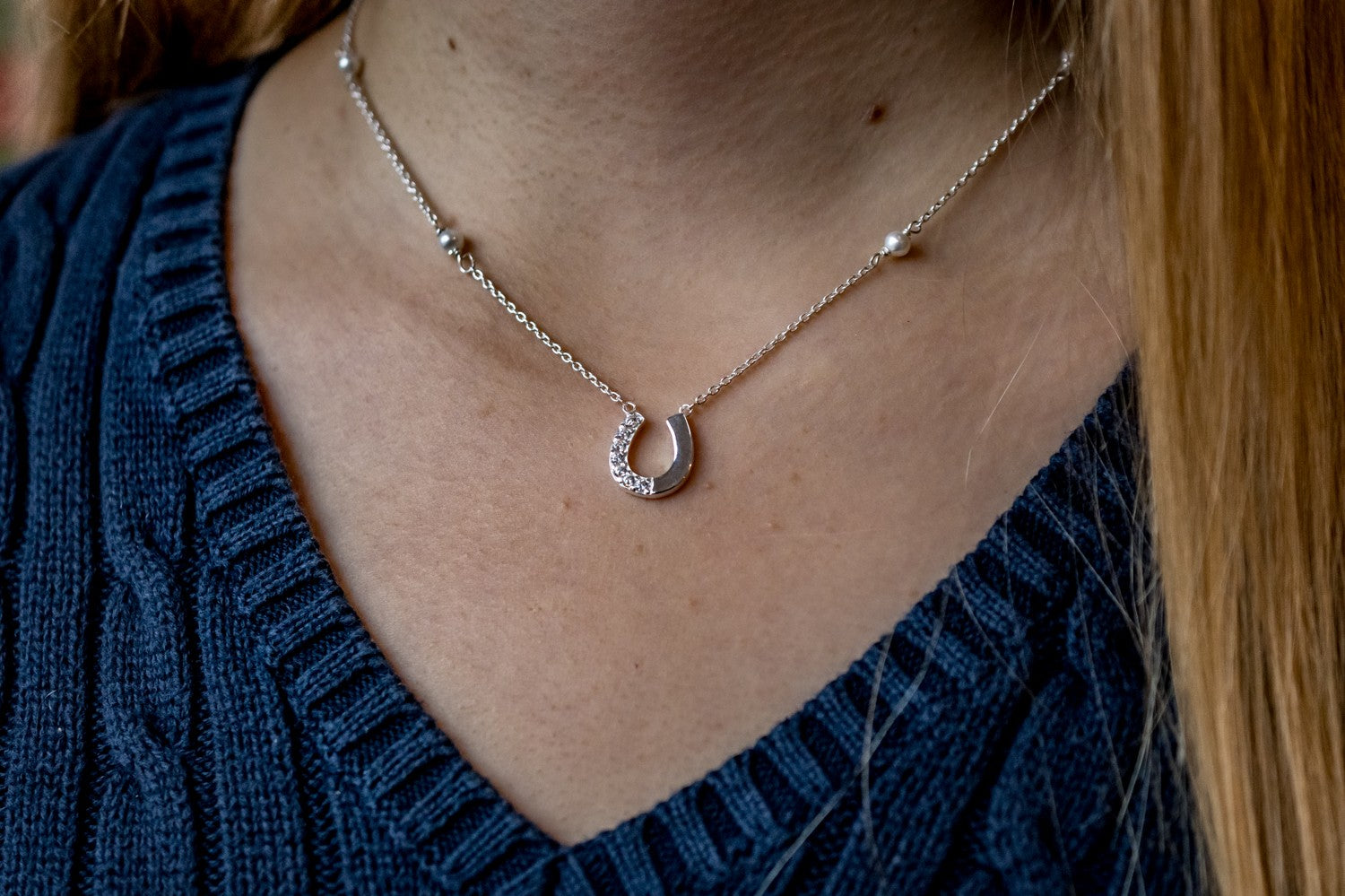 Exclusive Sterling Silver and CZ Horseshoe Necklace With Freshwater Pearls