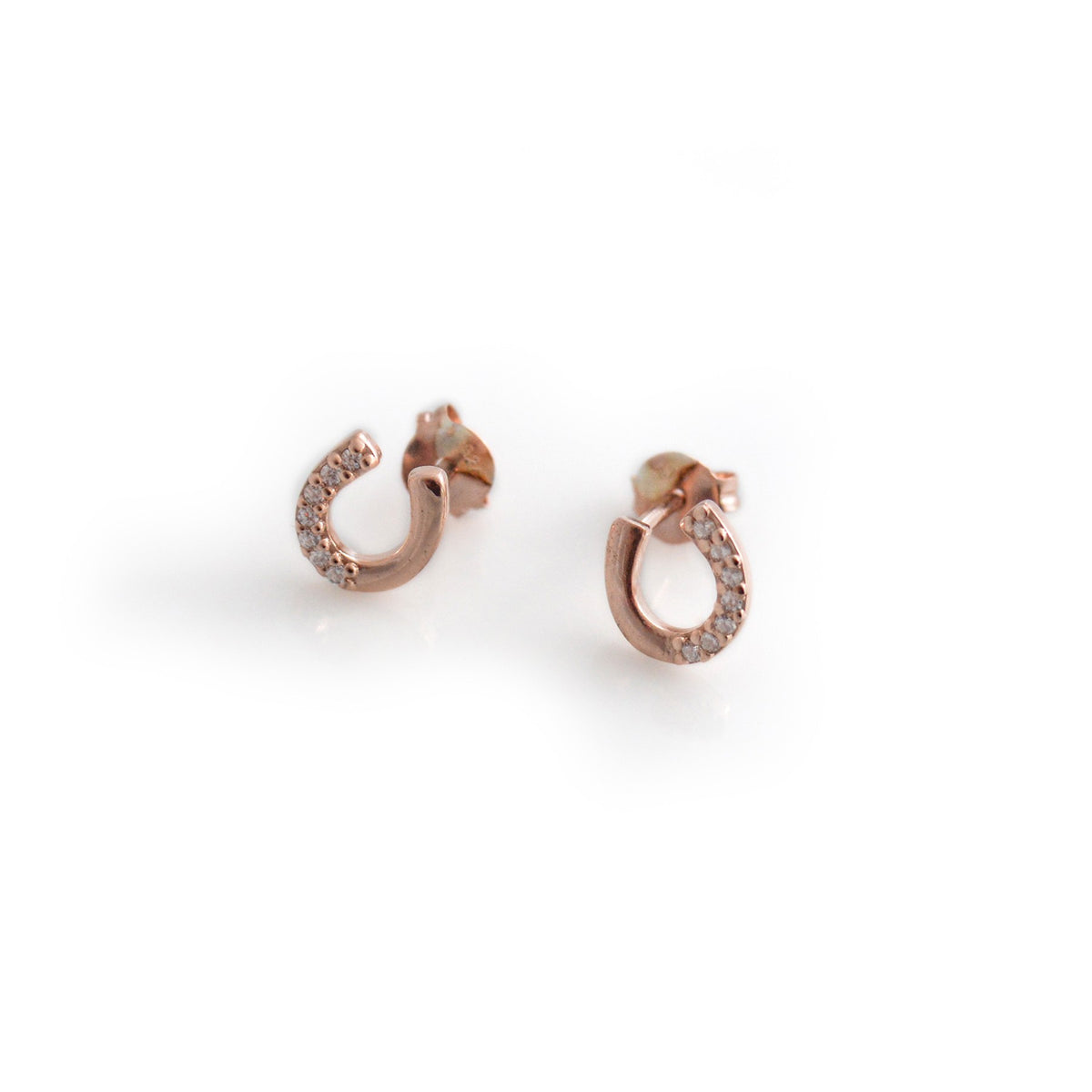 Exclusive Sterling Silver &amp; 18ct Rose Gold Plated CZ Horseshoe Stud Earrings