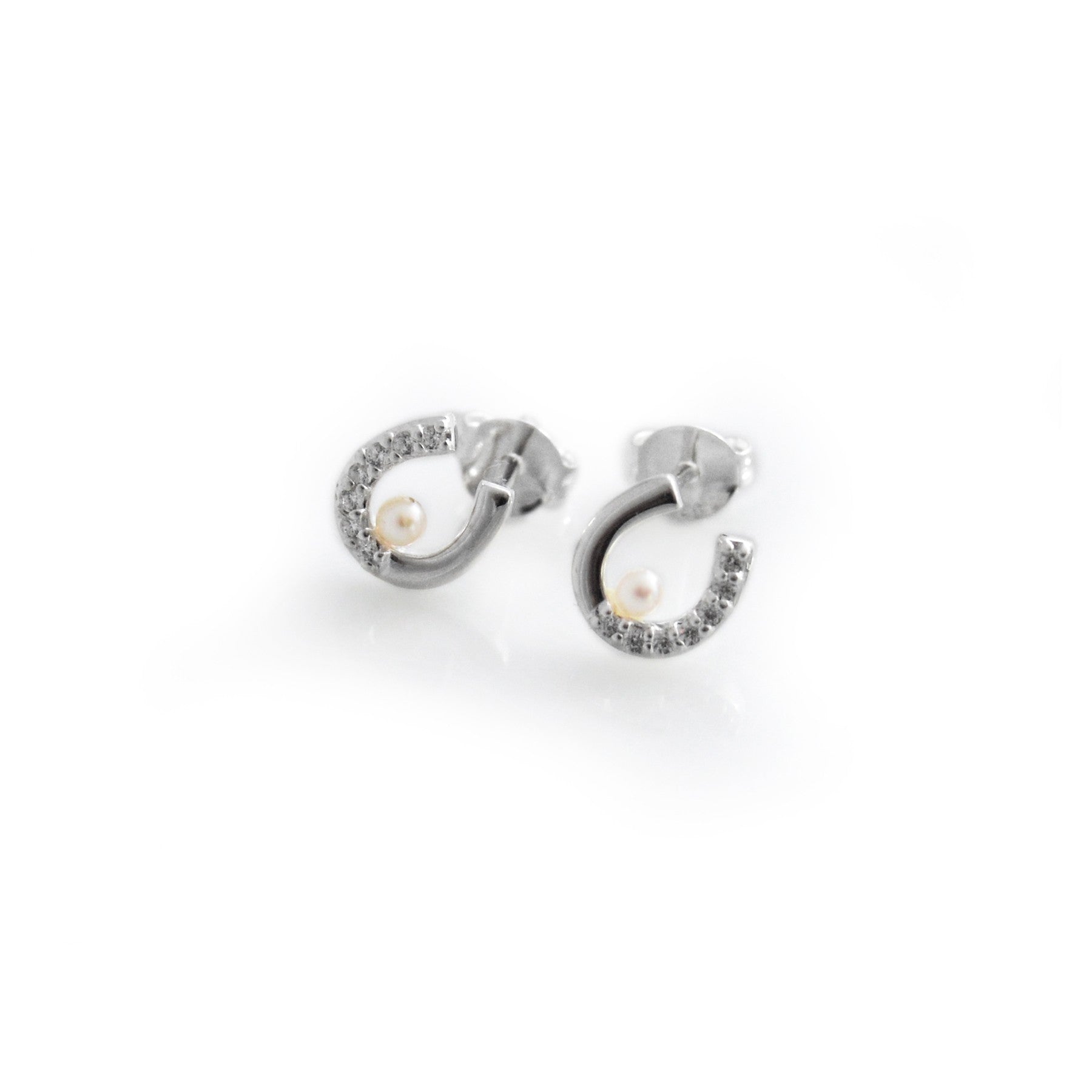 Exclusive Sterling Silver and CZ Horseshoe Stud Earrings With Freshwater Pearls
