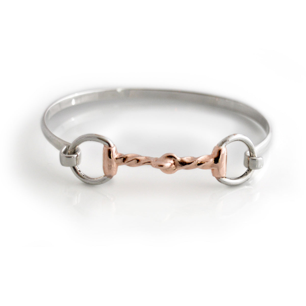 Exclusive Sterling Silver &amp; 18ct Rose Gold Plated Twisted Snaffle Bangle
