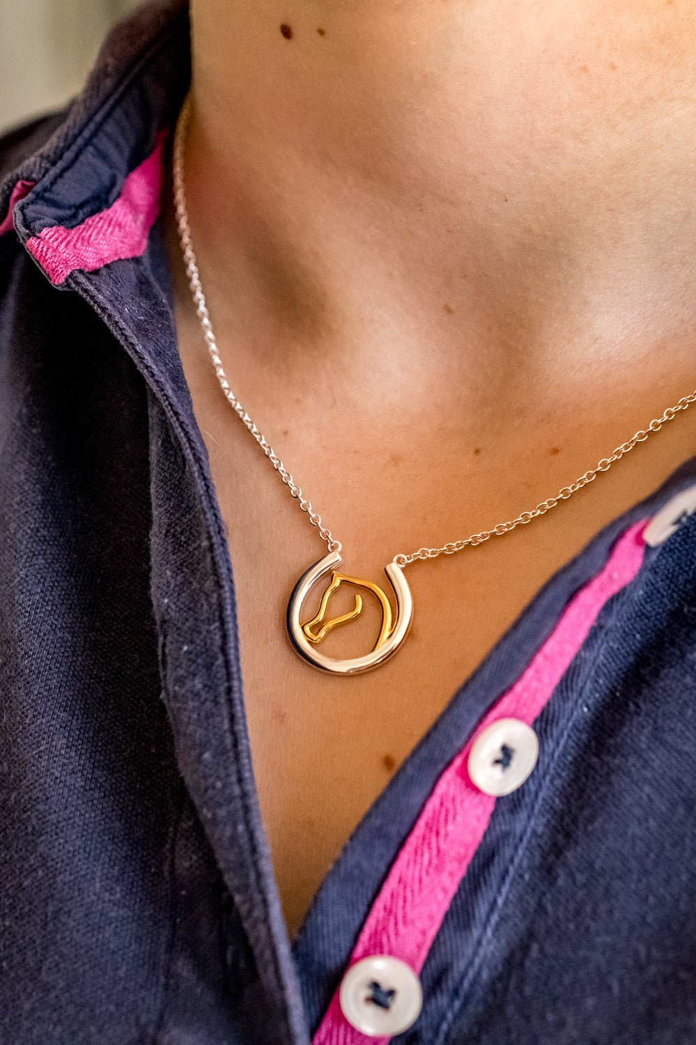 Sterling Silver & 18ct Gold Plated Horse Head Horseshoe Necklace
