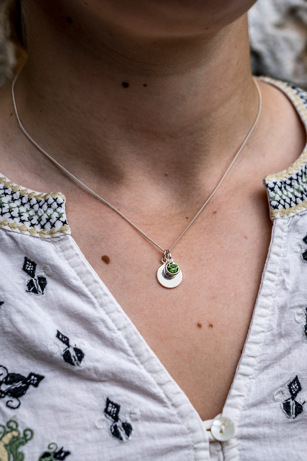 August Birthstone - Peridot CZ & Silver Disc Necklace