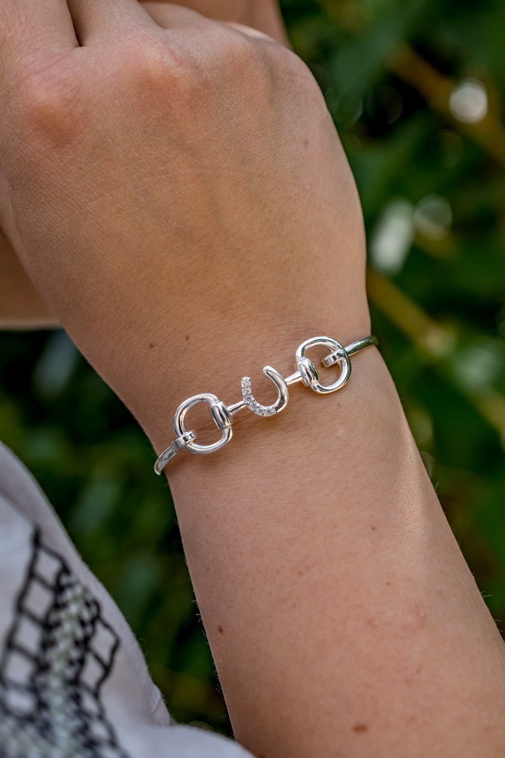 Exclusive Sterling Silver & CZ Horseshoe Double Snaffle Bangle