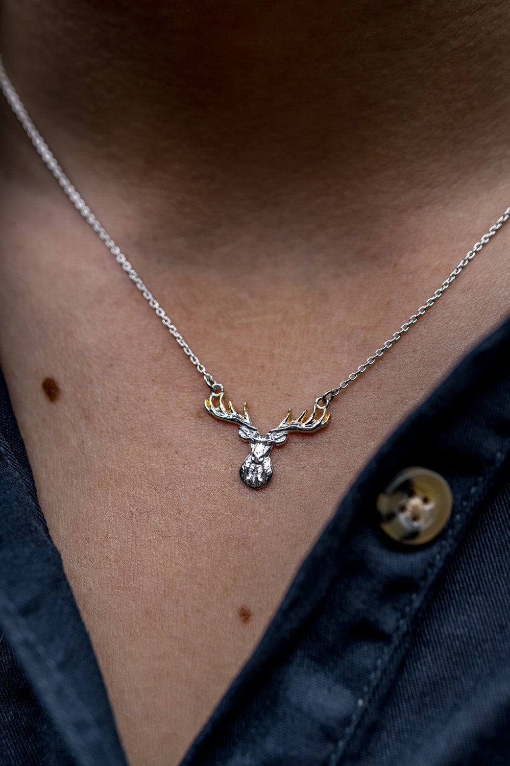 Exclusive Sterling Silver & 18ct Gold Plated Stag Head Necklace