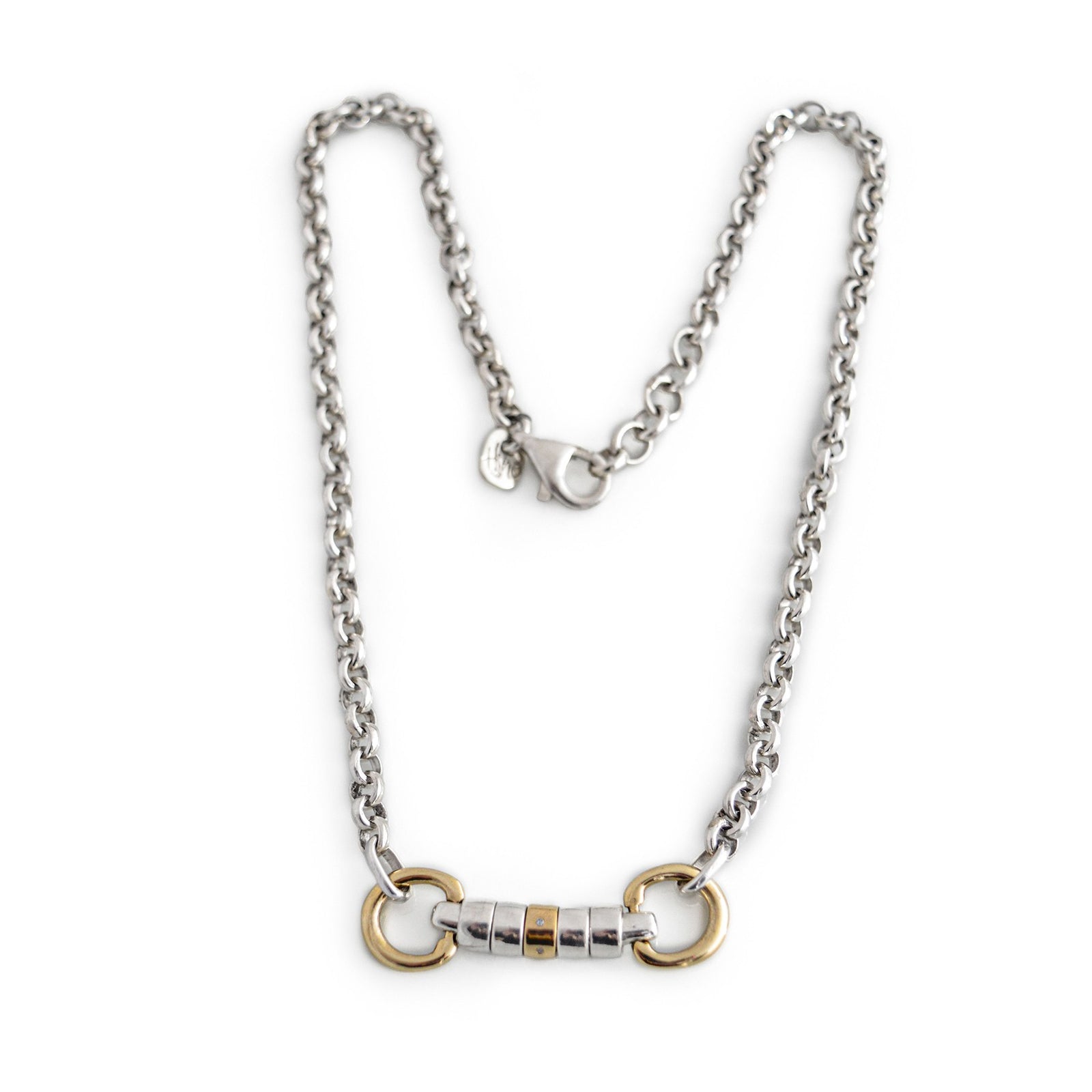 Sterling Silver and 9ct Gold Cherry Roller Snaffle Necklace with Diamond Roller Bead