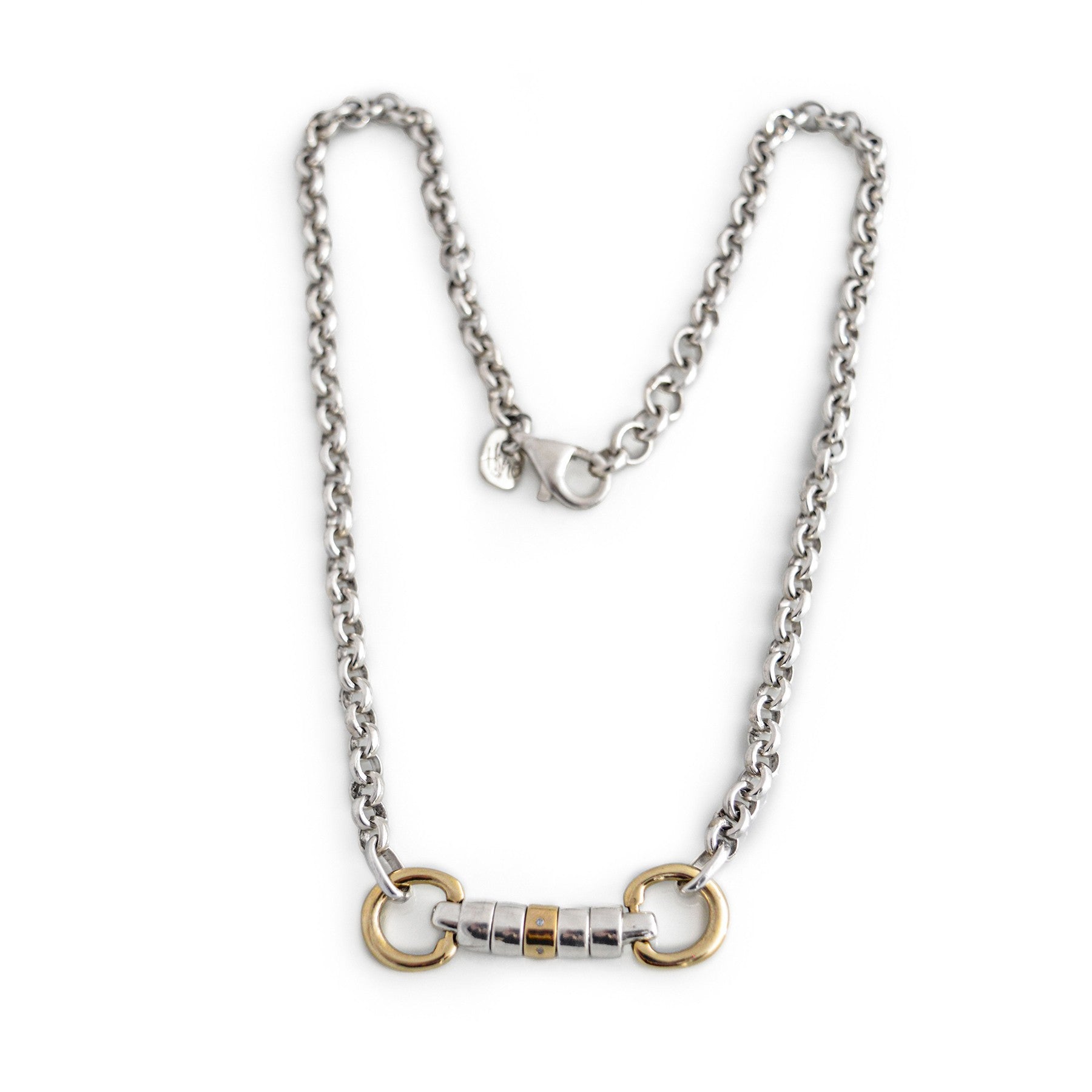 Sterling Silver and 9ct Gold Cherry Roller Snaffle Necklace with Diamond Roller Bead