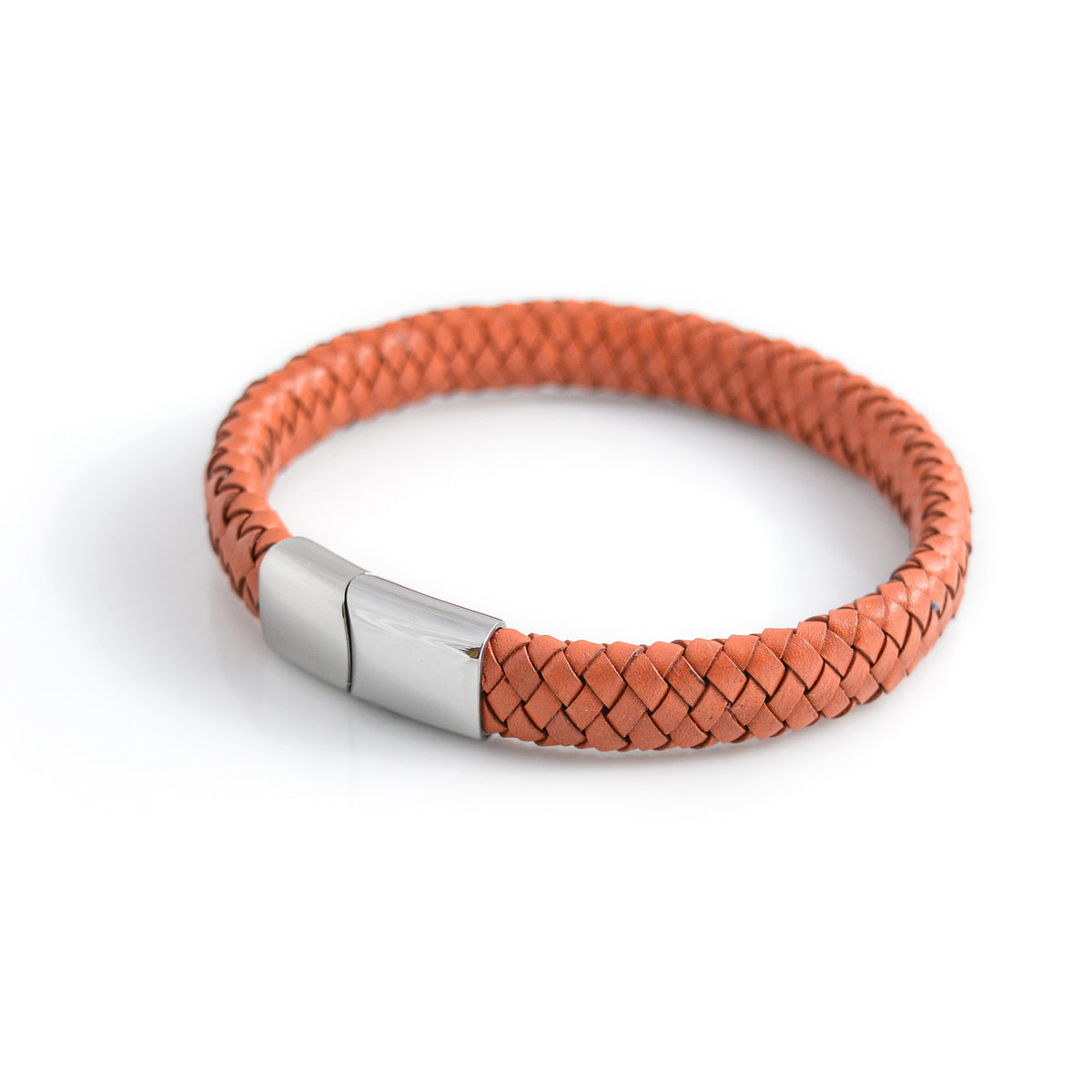 Oval Leather Bracelet With Polished Magnetic Clip Stainless Steel Clasp