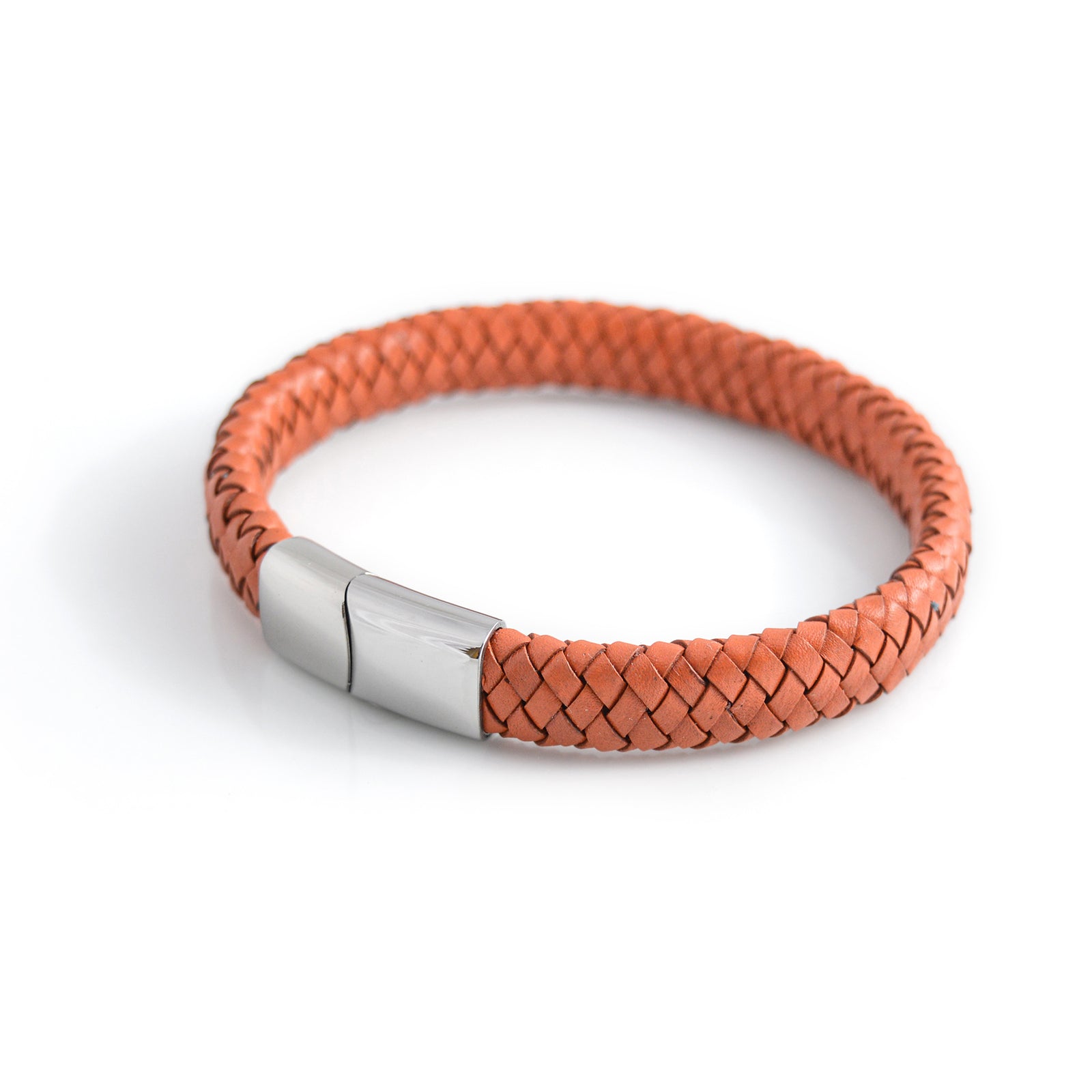 Oval Leather Bracelet With Polished Magnetic Clip Stainless Steel Clasp