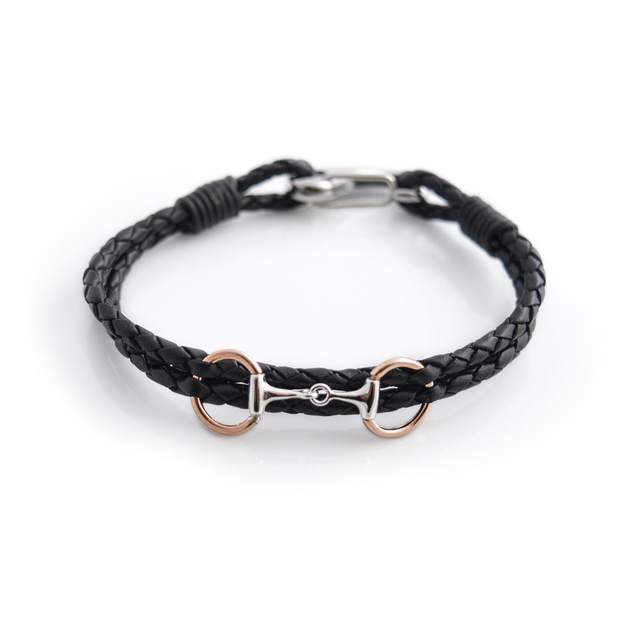 Sterling Silver &amp; 18ct Rose Gold Plated Exclusive Dinky Snaffle Bit Leather Bracelet with Stainless Steel Clasp