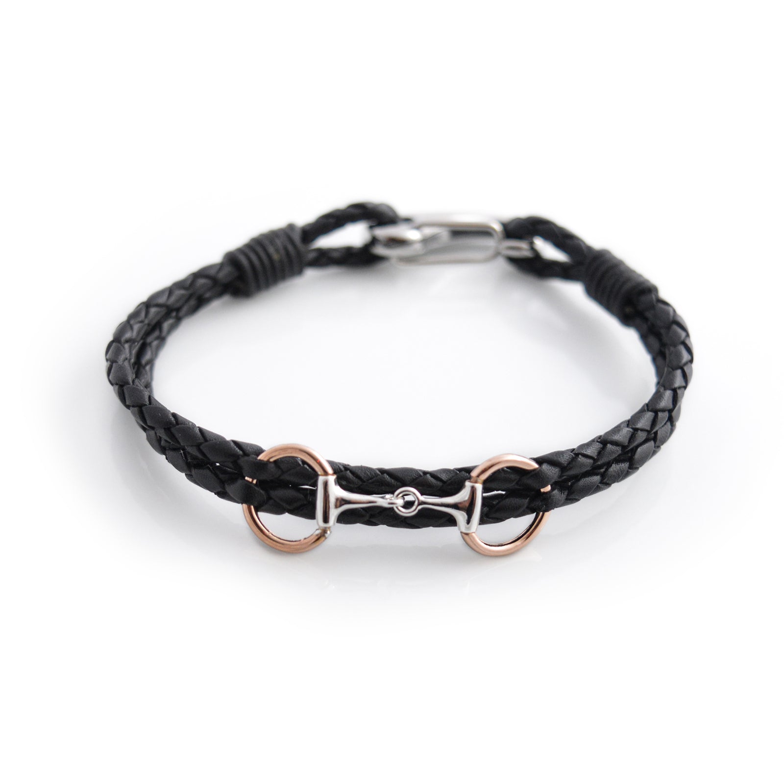 Sterling Silver & 18ct Rose Gold Plated Exclusive Dinky Snaffle Bit Leather Bracelet with Stainless Steel Clasp