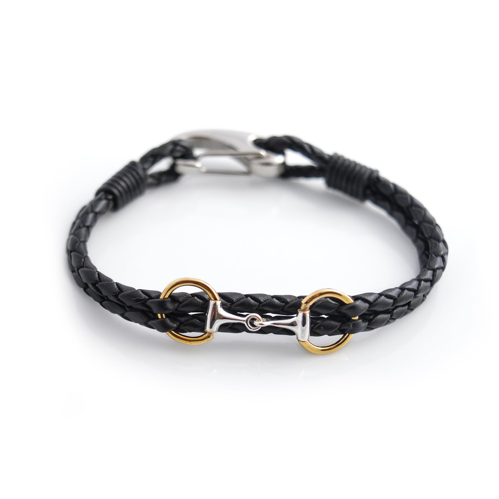 Sterling Silver & 18ct Yellow Gold Plated Exclusive Dinky Snaffle Bit Leather Bracelet with Stainless Steel Clasp