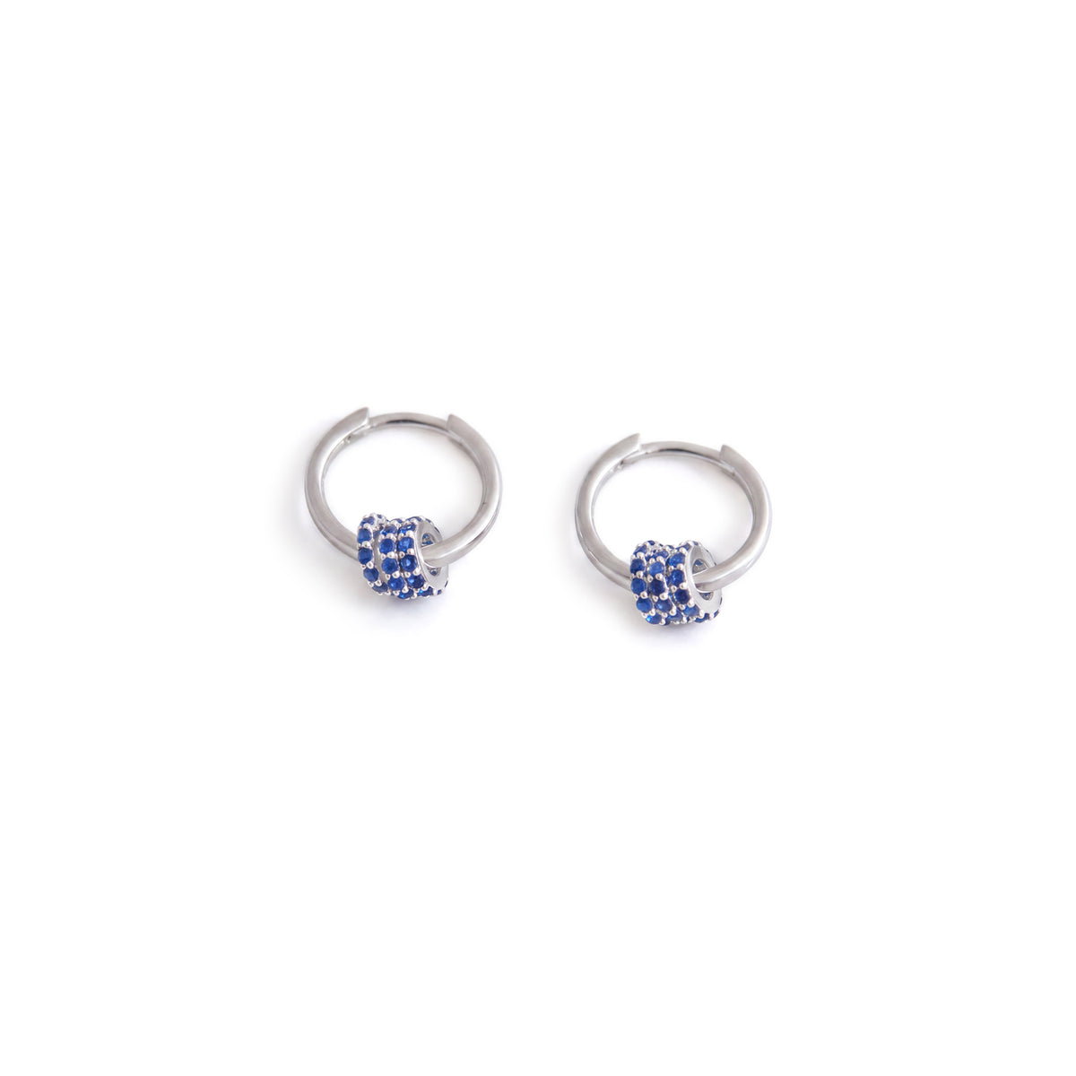 Exclusive Sterling Silver &amp; Blue CZ Cherry Roller Huggie Hoop Earrings