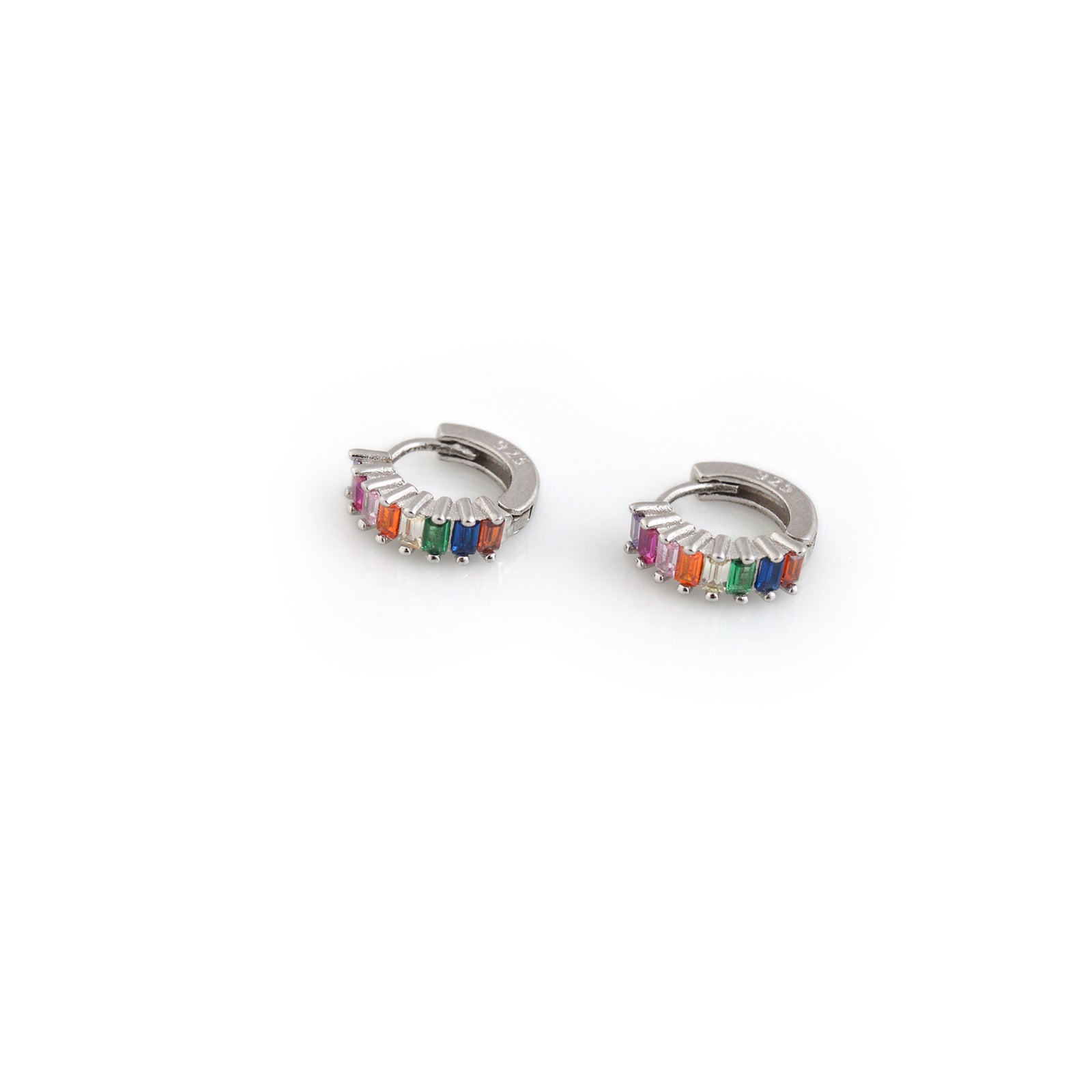 Sterling Silver Rainbow CZ Huggie Hoop Earrings