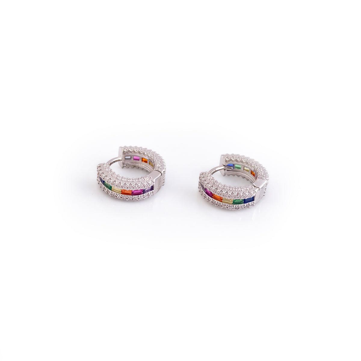 Sterling Silver Rainbow Sparkle CZ Huggie Hoop Earrings