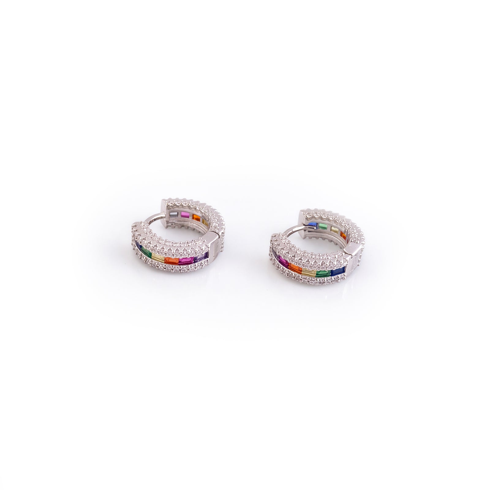 Sterling Silver Rainbow Sparkle CZ Huggie Hoop Earrings