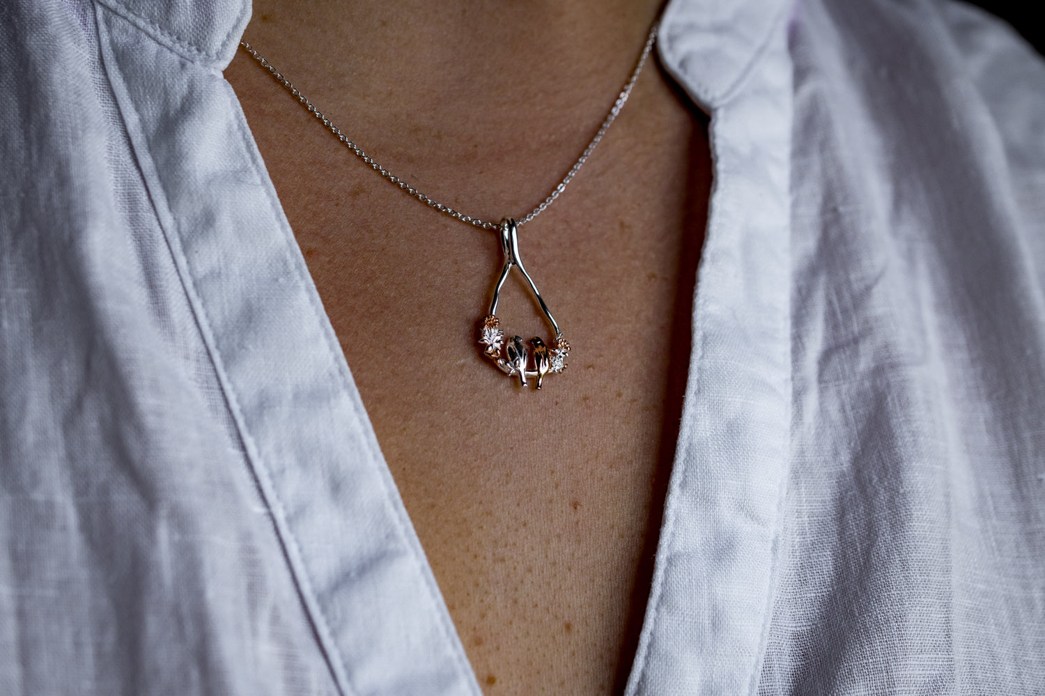 Laura Ashley Sterling Silver & 18ct Rose Gold Plated Talon Stripe Love Birds Necklace