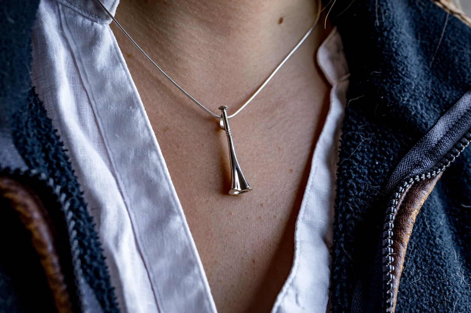 Exclusive Sterling Silver Hunting Horn Pendant With Silver Snake Chain