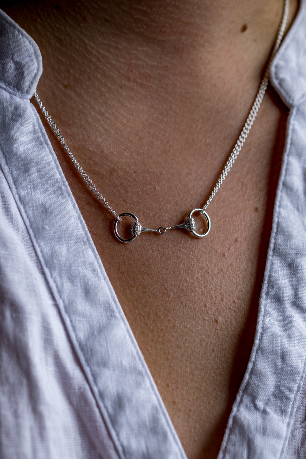 Exclusive Sterling Silver & CZ Dinky Double Chained Snaffle Bit Necklace