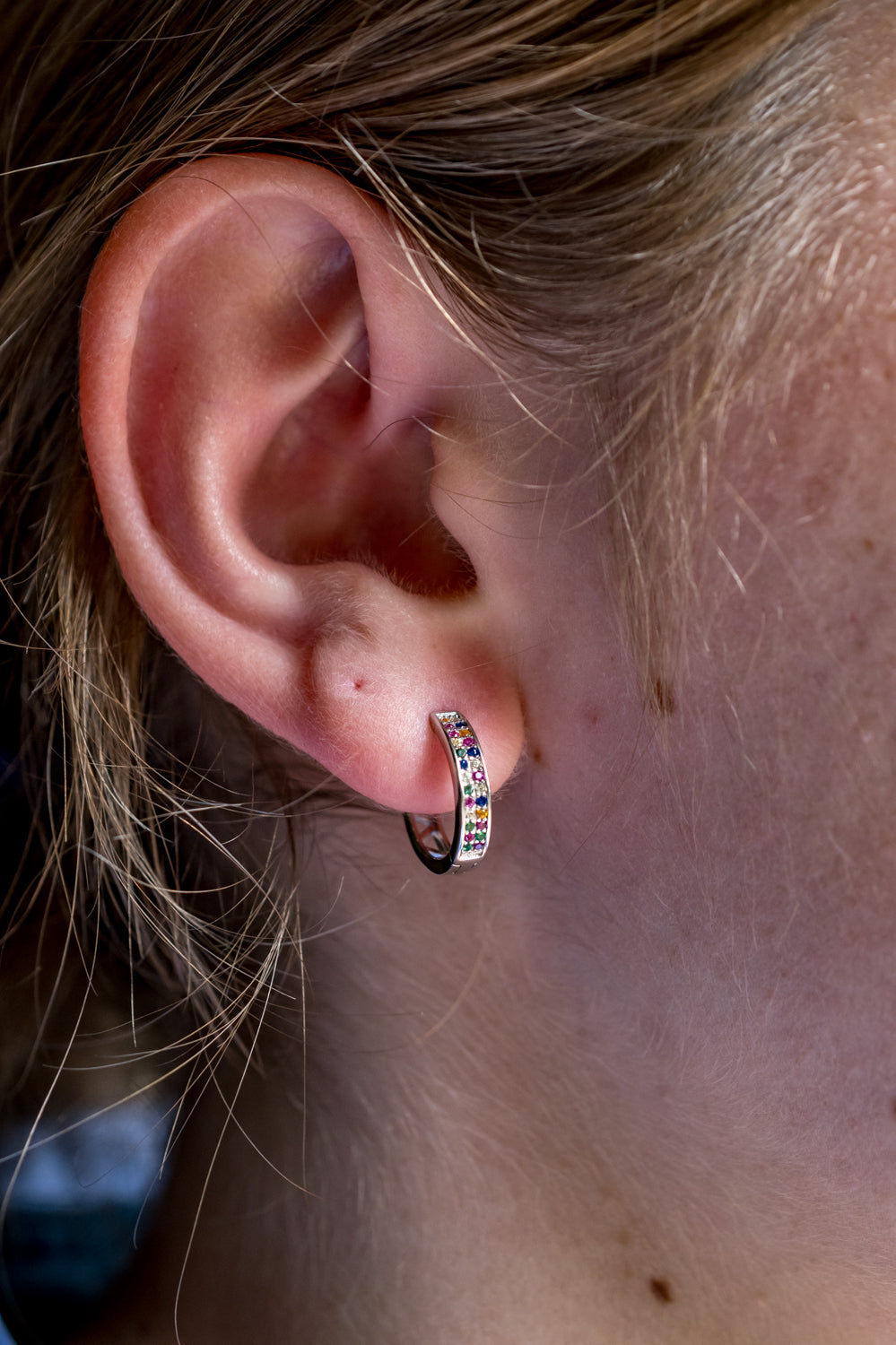 Rainbow CZ Sterling Silver Huggie Hoop Earrings