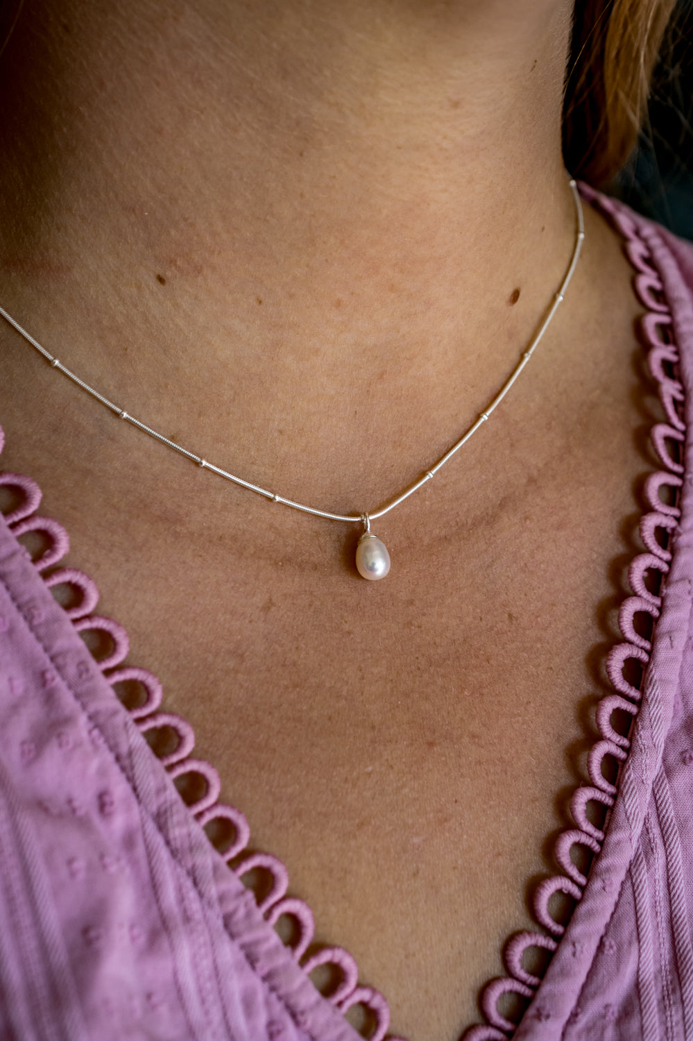 Exclusive Sterling Silver Beaded Snake Chain With Teardrop Freshwater Pearl