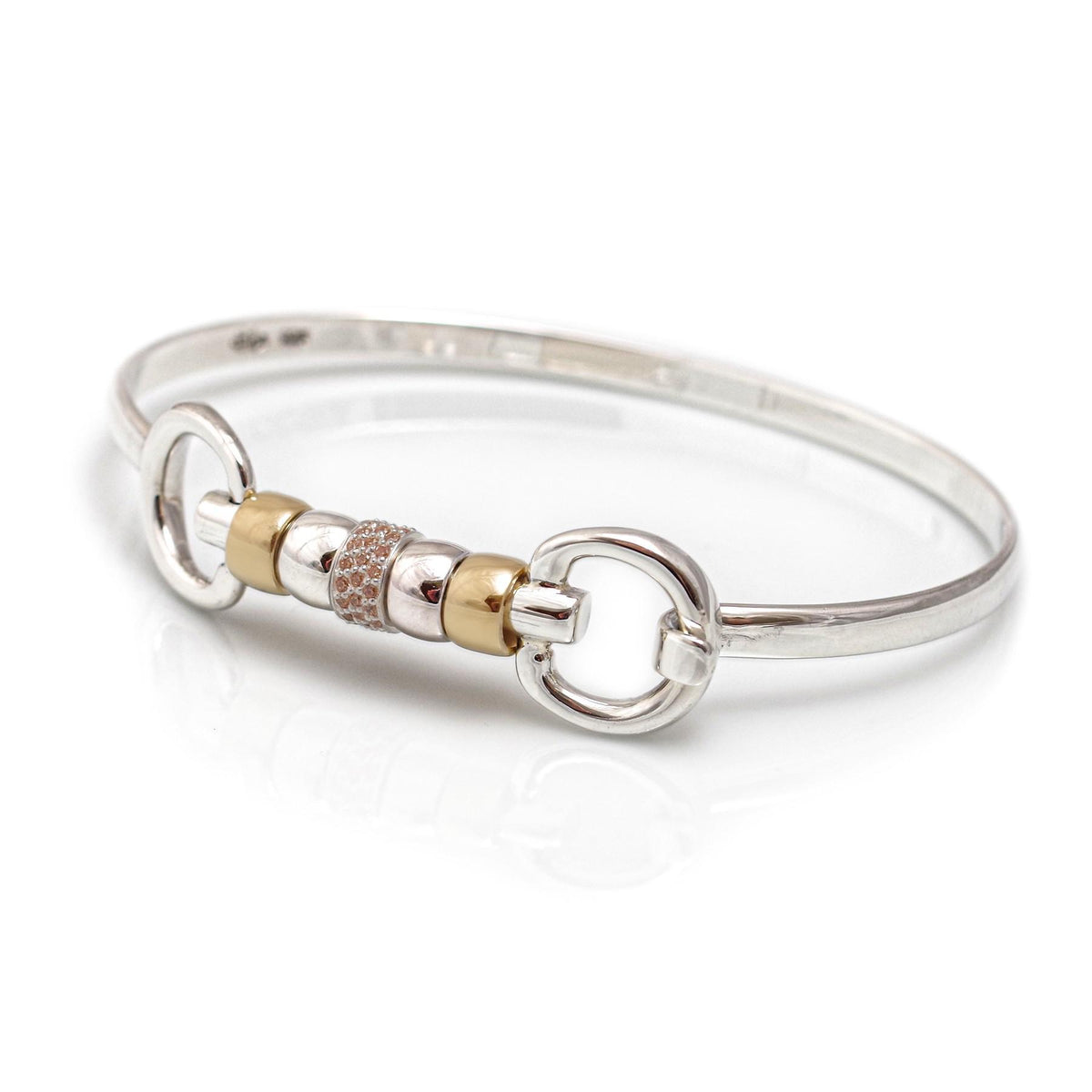 Exclusive Sterling Silver &amp; 18ct Gold Plate Cherry Roller Snaffle Bangle With Champagne CZ Starlight Roller Bead