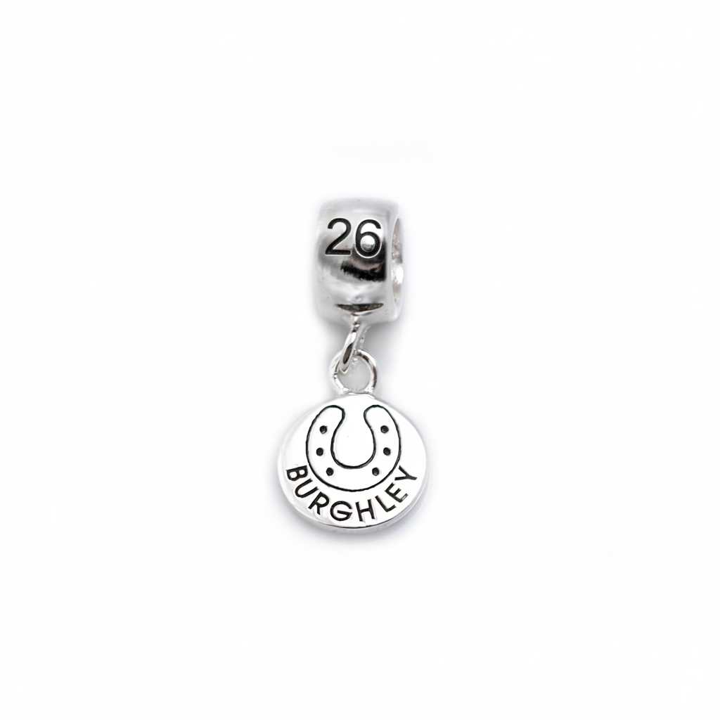 Burghley Horse Trials 2026 sterling silver charm with horseshoe disc and barrel bead engraved with 26