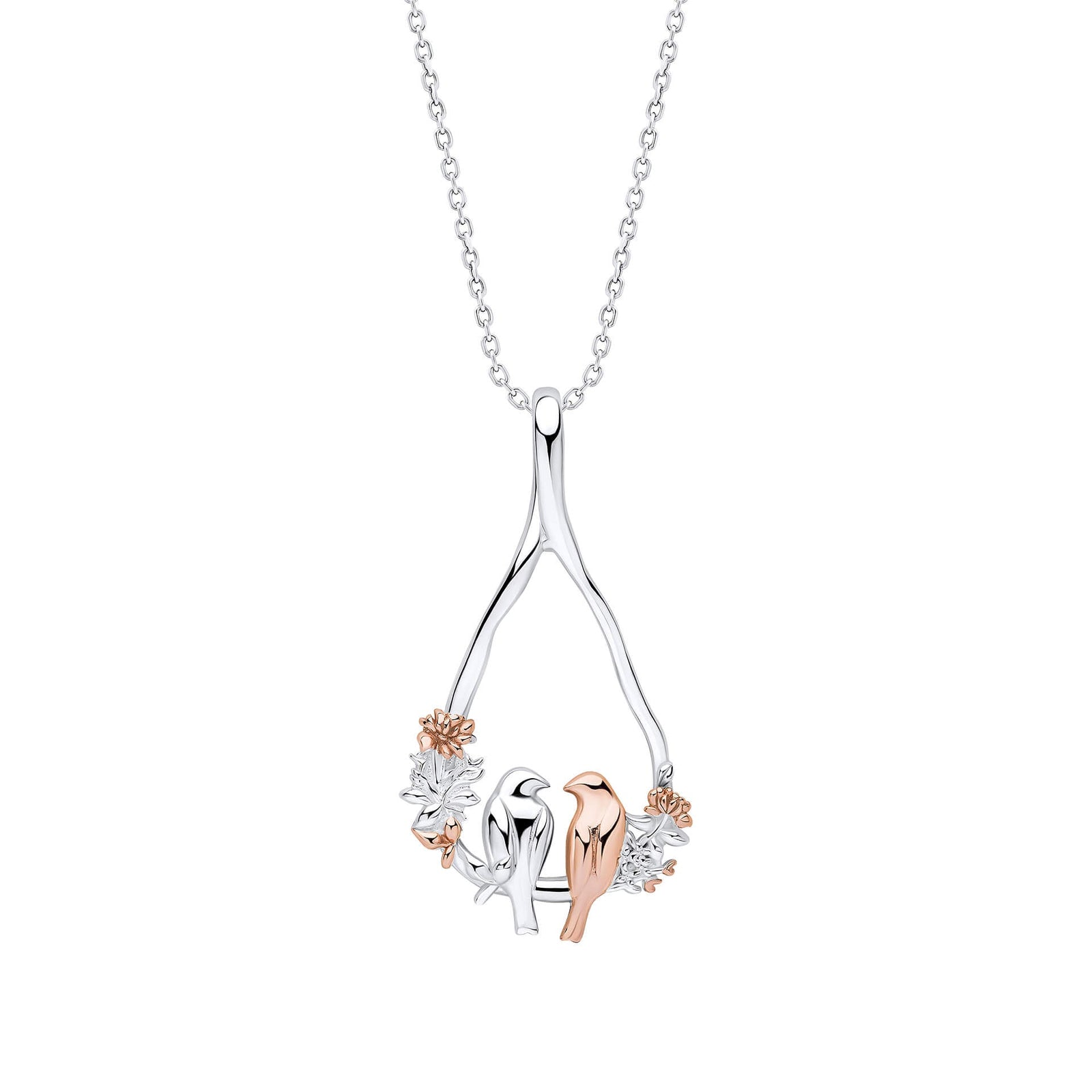 Laura Ashley Sterling Silver & 18ct Rose Gold Plated Talon Stripe Love Birds Necklace