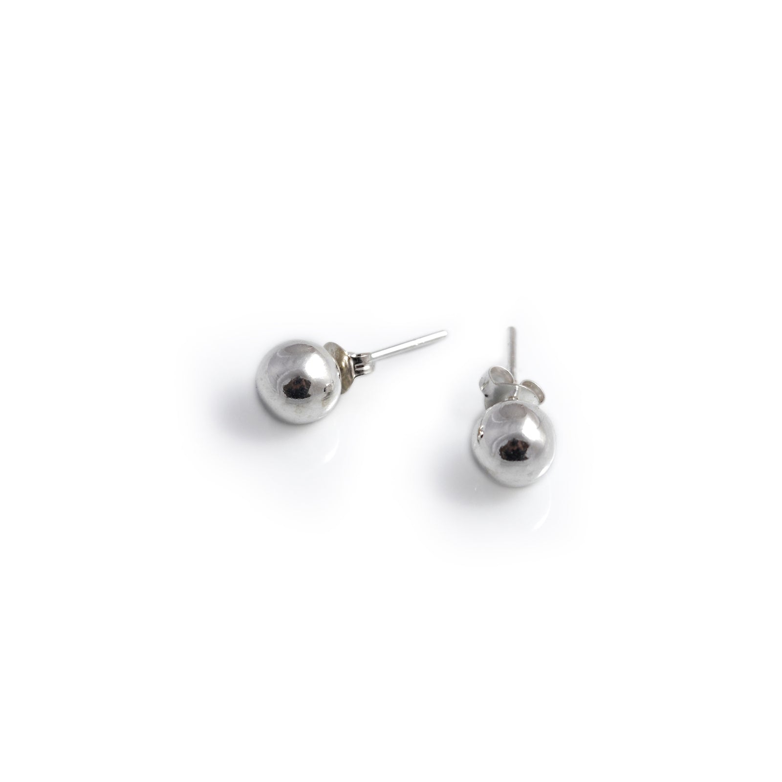 Pair of silver ball earrings on a white background